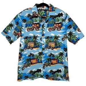 Aloha Republic Hawaiian Shirt Mens L Button Up Blue Biker Flames Cafe Cotton USA